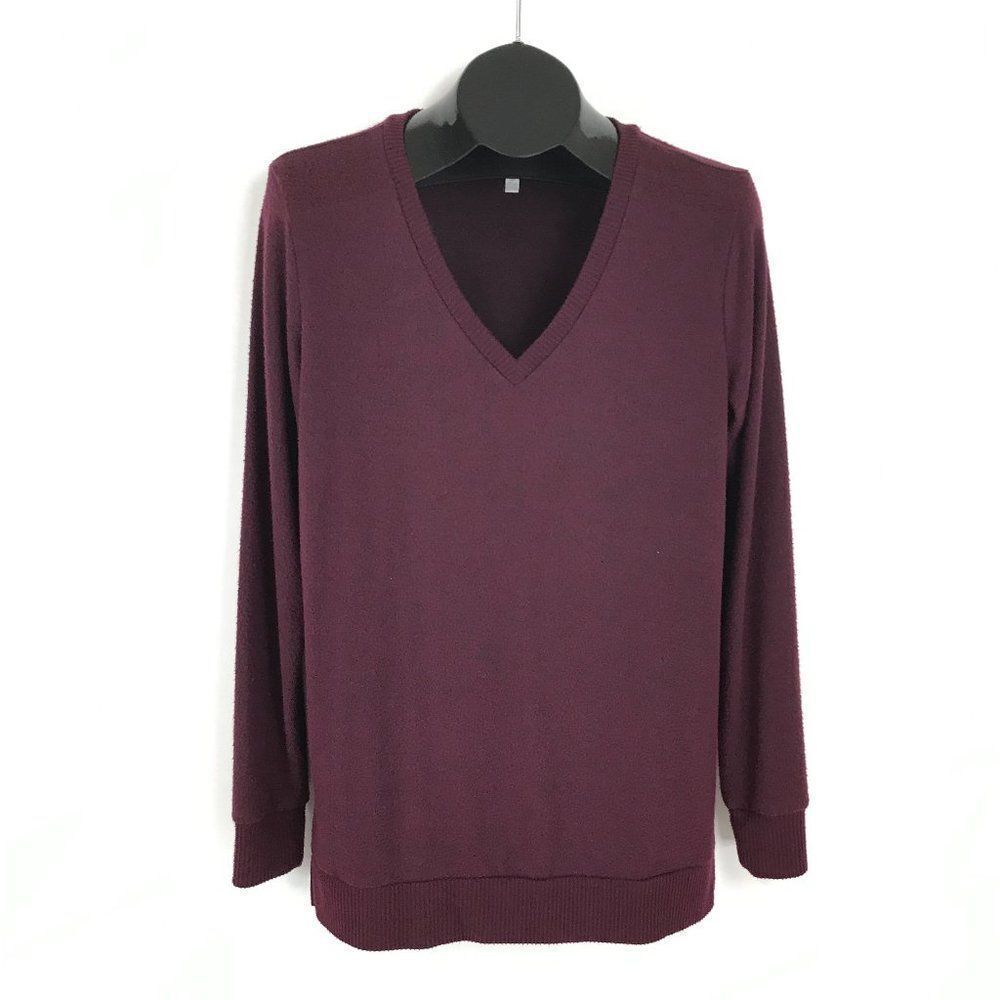 Lucky Brand V-Neck Pullover Sweater Women's Small Burgundy Tunic Stretch Knit
